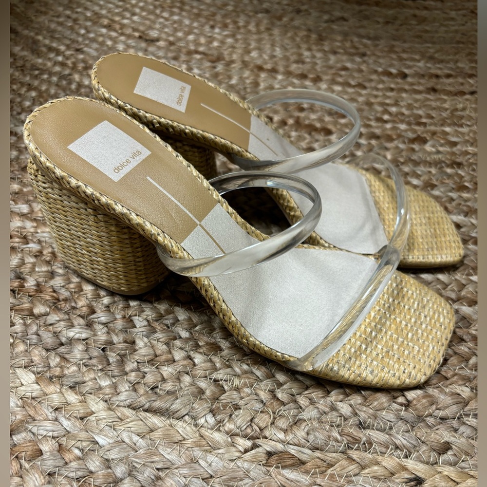 Dolce Vita Nancie Clear Double Strap Raffia Wicker Block Heel Sandals